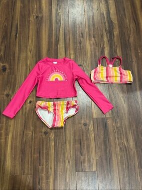 Cat & Jack Hot Pink Rainbow Rashguard Set with Stripe Bikini